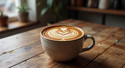 Artisan latte with beautiful foam art served in a ceramic cup on a wooden table