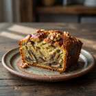 Banana bread slice with walnuts on a rustic plate
