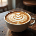 Cappuccino with intricate latte art in a wide cup