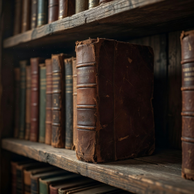 Classic fiction book with worn leather spine on a wooden shelf