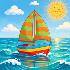 Colorful children's illustrated book cover with a boat on water