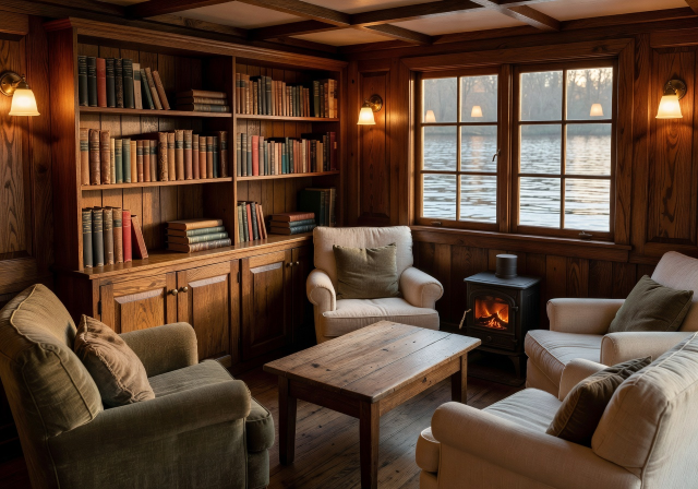 Cozy wooden interior of a riverboat with bookshelves, warm lighting, and comfortable seating