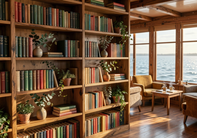 Curated bookshelf display in the Floating Book Café's bookstore corner with warm wood shelving