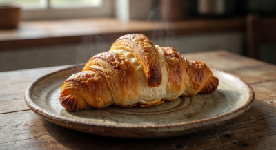 Freshly baked croissant with golden flaky layers on a rustic ceramic plate