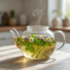 Herbal tea in a glass teapot with fresh herbs and flowers