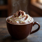 Hot chocolate topped with whipped cream and cocoa powder