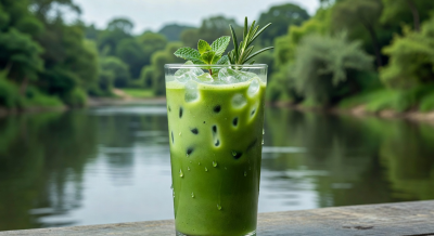 Iced matcha drink in a tall glass with fresh herbs and a river view background