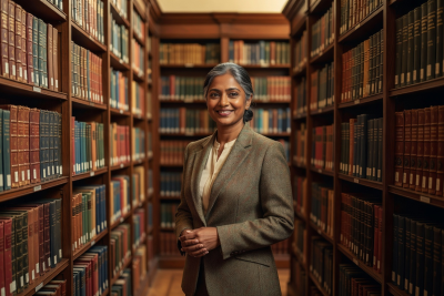 Portrait of Priya Nair, head librarian, standing among bookshelves with a warm smile