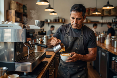 Portrait of Tomás Rivera, head barista, crafting a latte behind the espresso machine