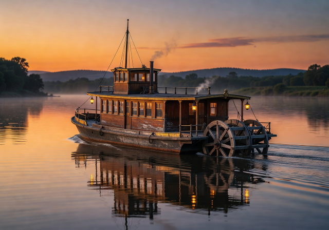 Vintage riverboat on calm water at sunset with warm amber lighting from the cabin windows