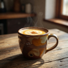 Warm chai latte in a handmade ceramic mug