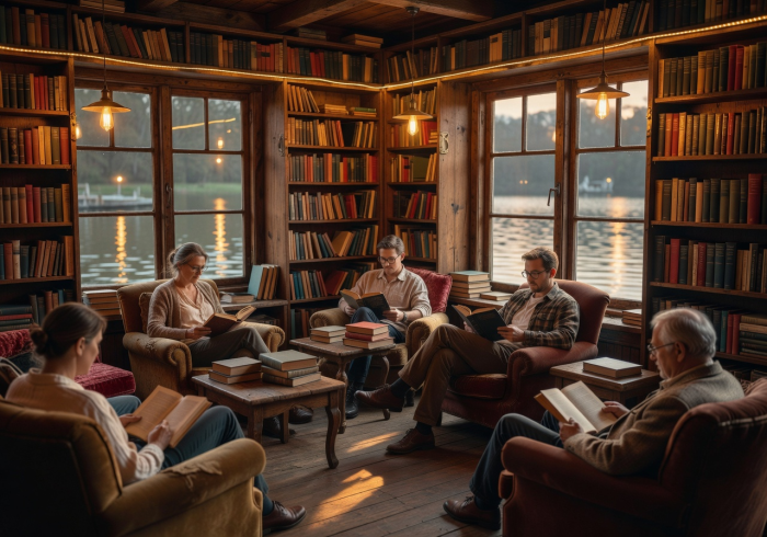 Warm interior of the Floating Book Café with guests reading books beside wooden shelves and soft amber lighting